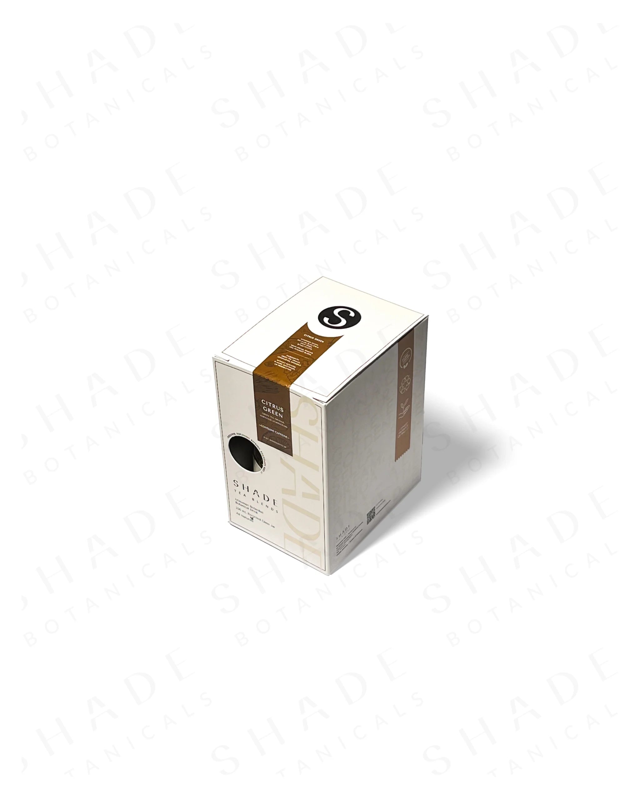 Top view of Shade Botanicals Citrus Green loose leaf tea 330 mL recycled glass jar and box