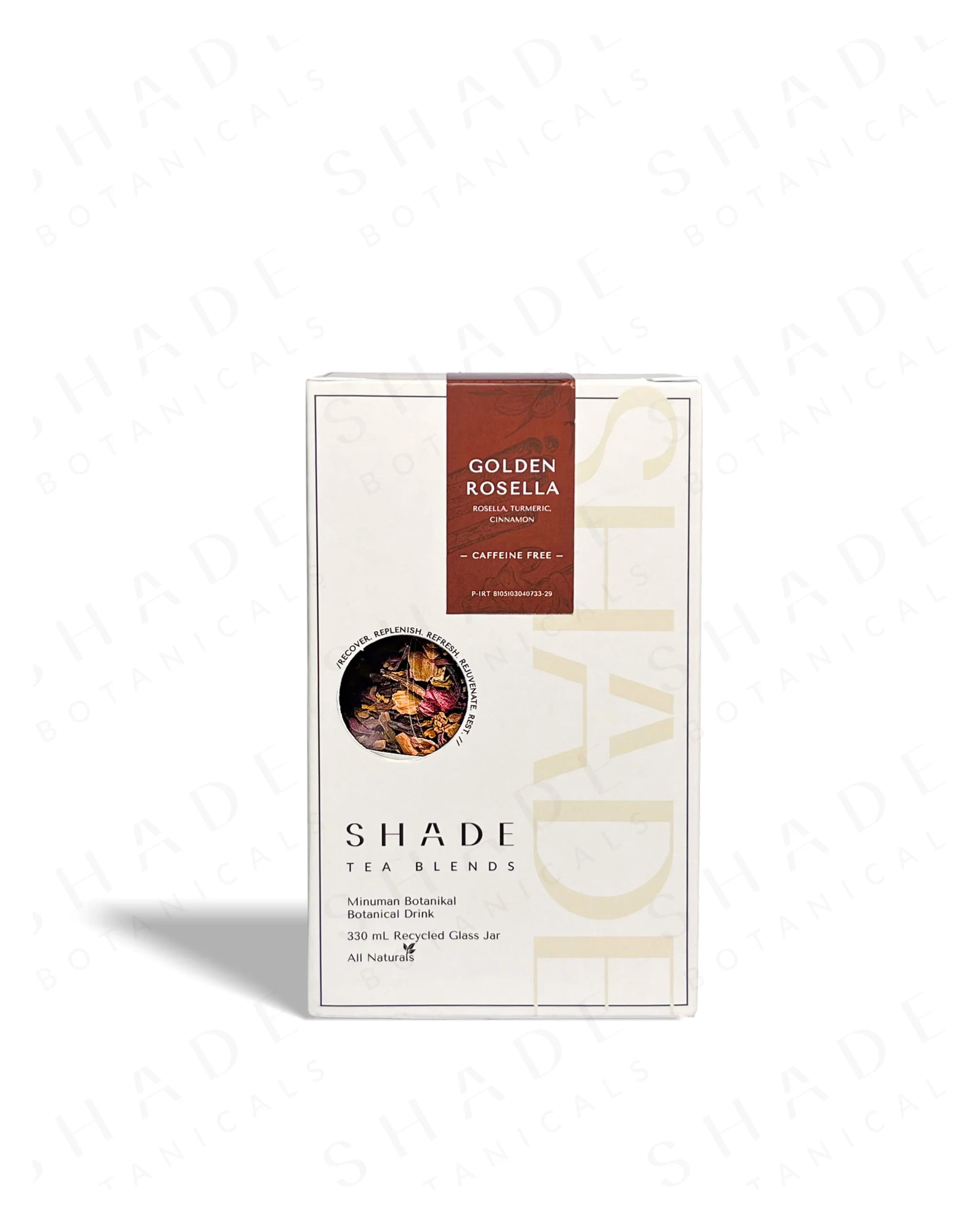 Shade Botanicals Golden Rosella loose leaf tea 330 mL recycled glass jar with product box