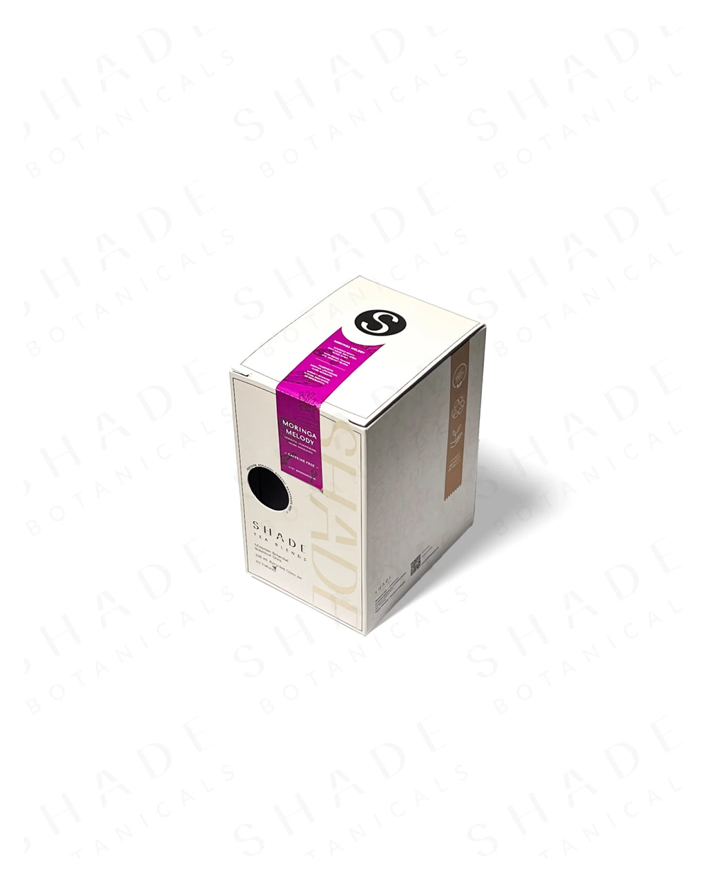 Top view of Shade Botanicals Moringa Melody loose leaf tea 330 mL recycled glass jar and box