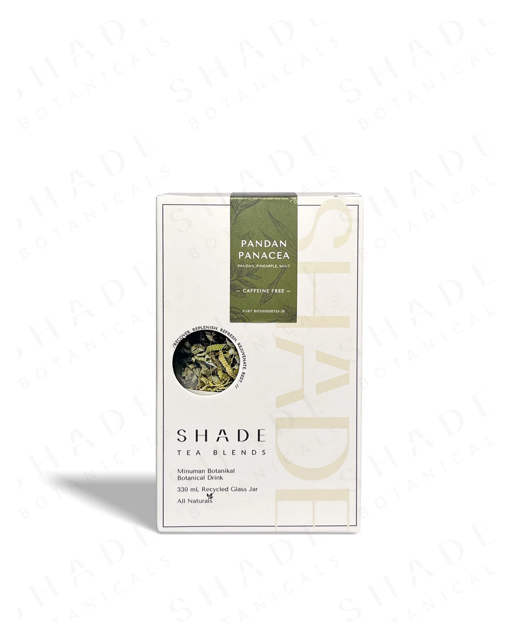 Shade Botanicals Pandan Panacea loose leaf tea 330 mL recycled glass jar with product box