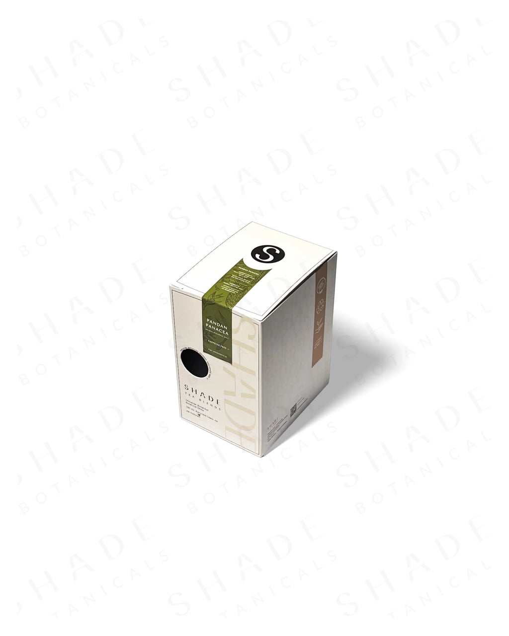 Top view of Shade Botanicals Pandan Panacea loose leaf tea 330 mL recycled glass jar and box