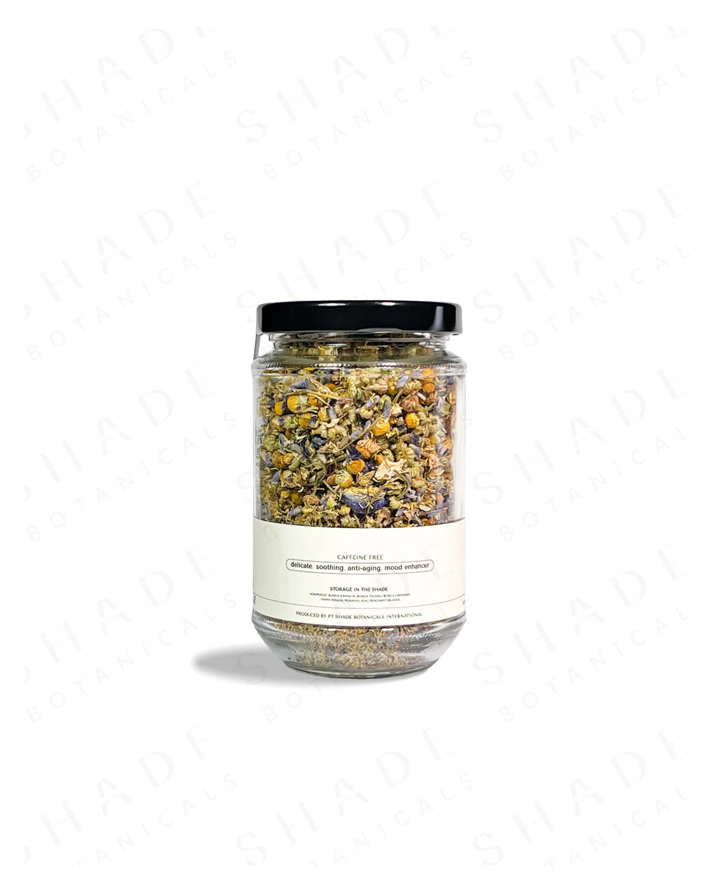 Shade Botanicals Blue Dream loose leaf tea in a 330 mL recycled glass jar back view