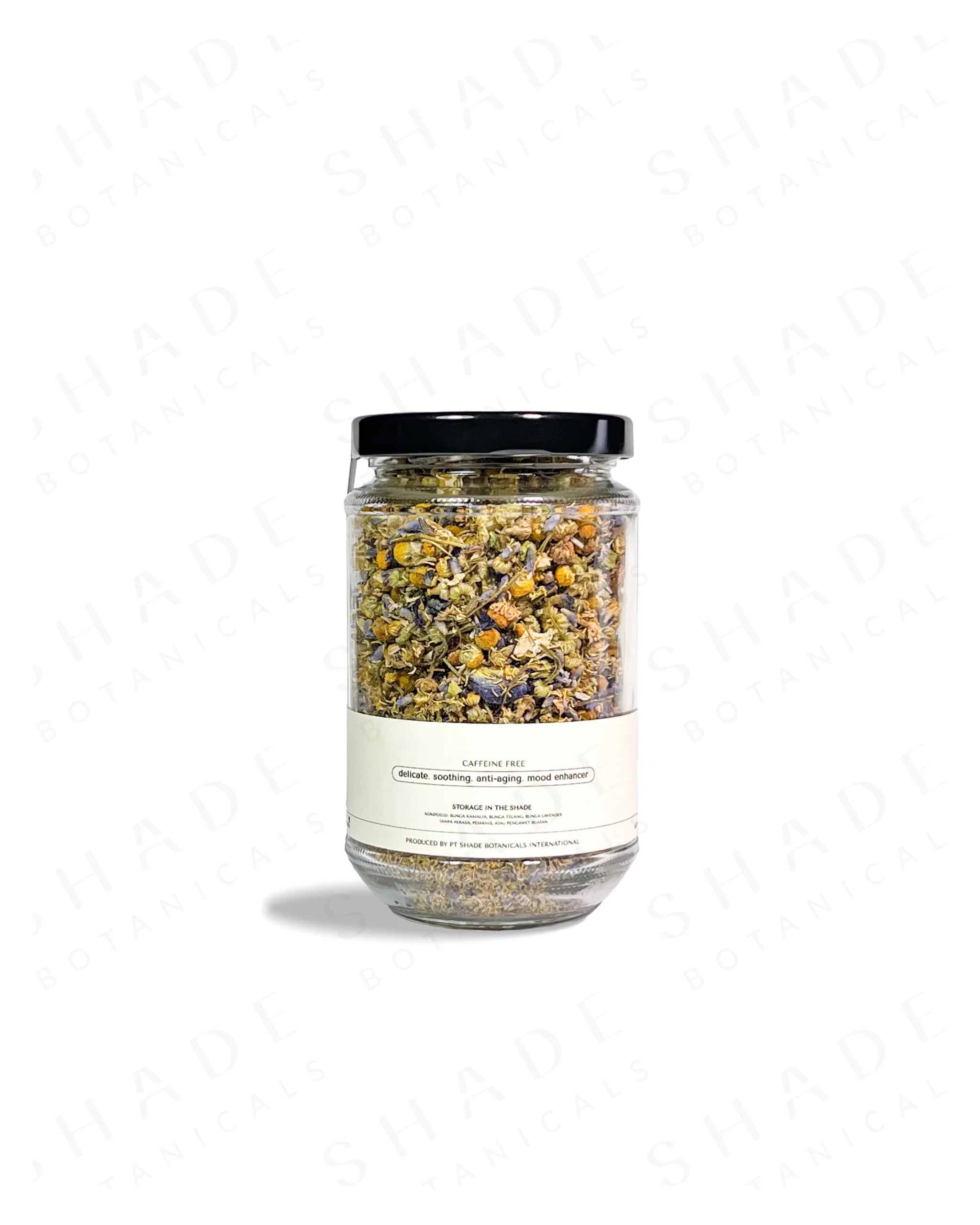 Shade Botanicals Blue Dream loose leaf tea in a 330 mL recycled glass jar back view