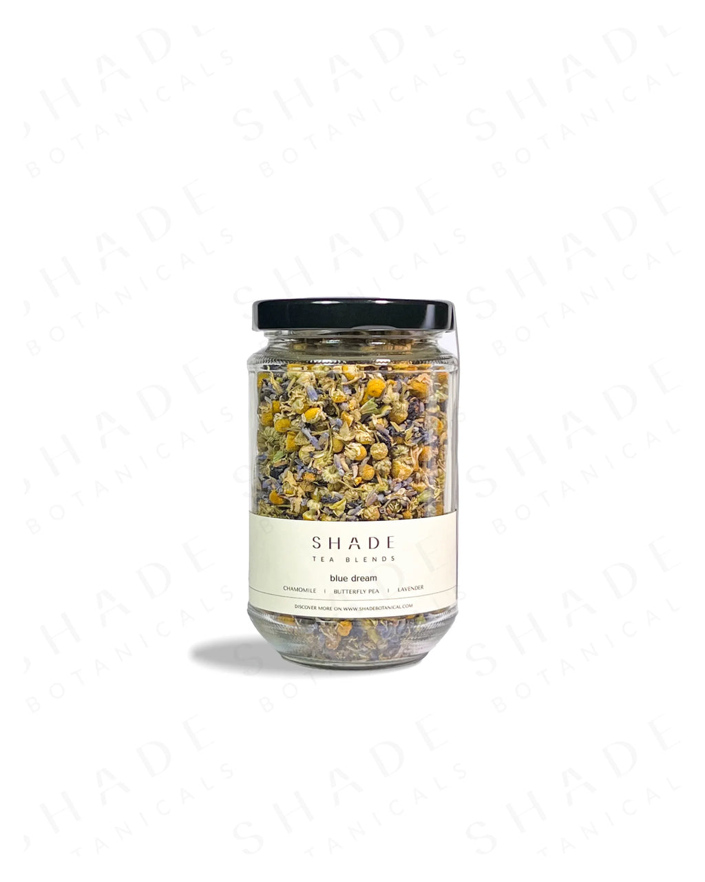 Shade Botanicals Blue Dream loose leaf tea in a 330 mL recycled glass jar front view