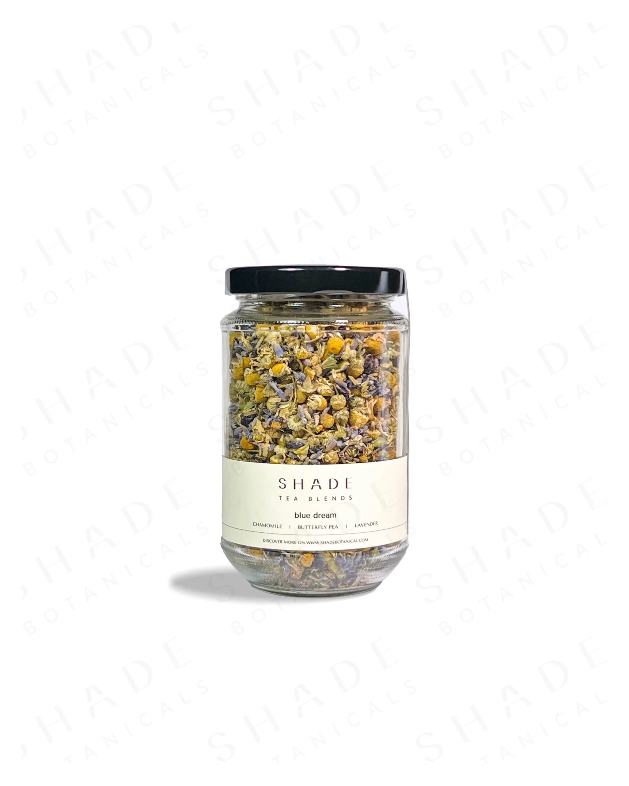 Shade Botanicals Blue Dream loose leaf tea in a 330 mL recycled glass jar front view