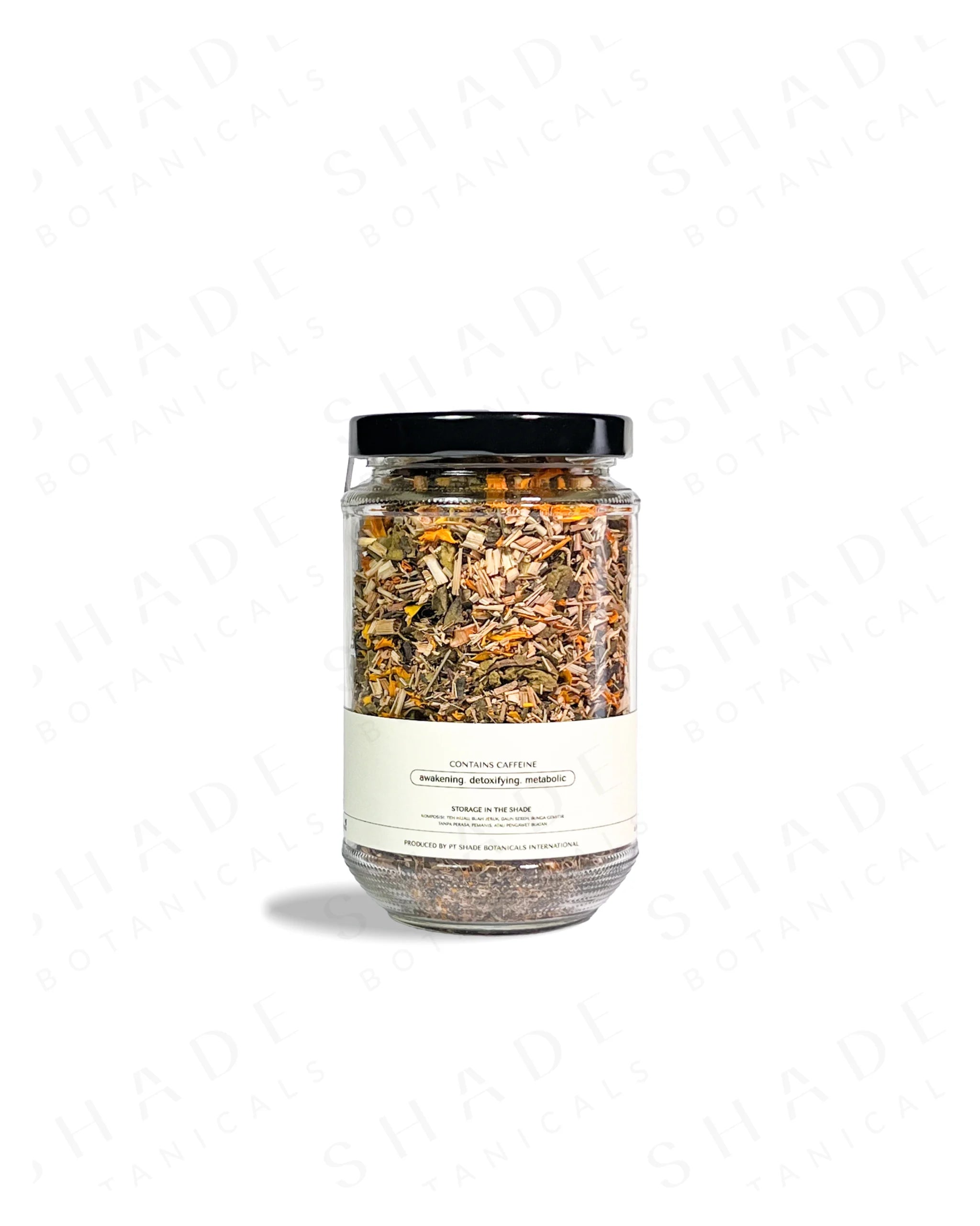 Shade Botanicals Citrus Green loose leaf tea in a 330 mL recycled glass jar back view