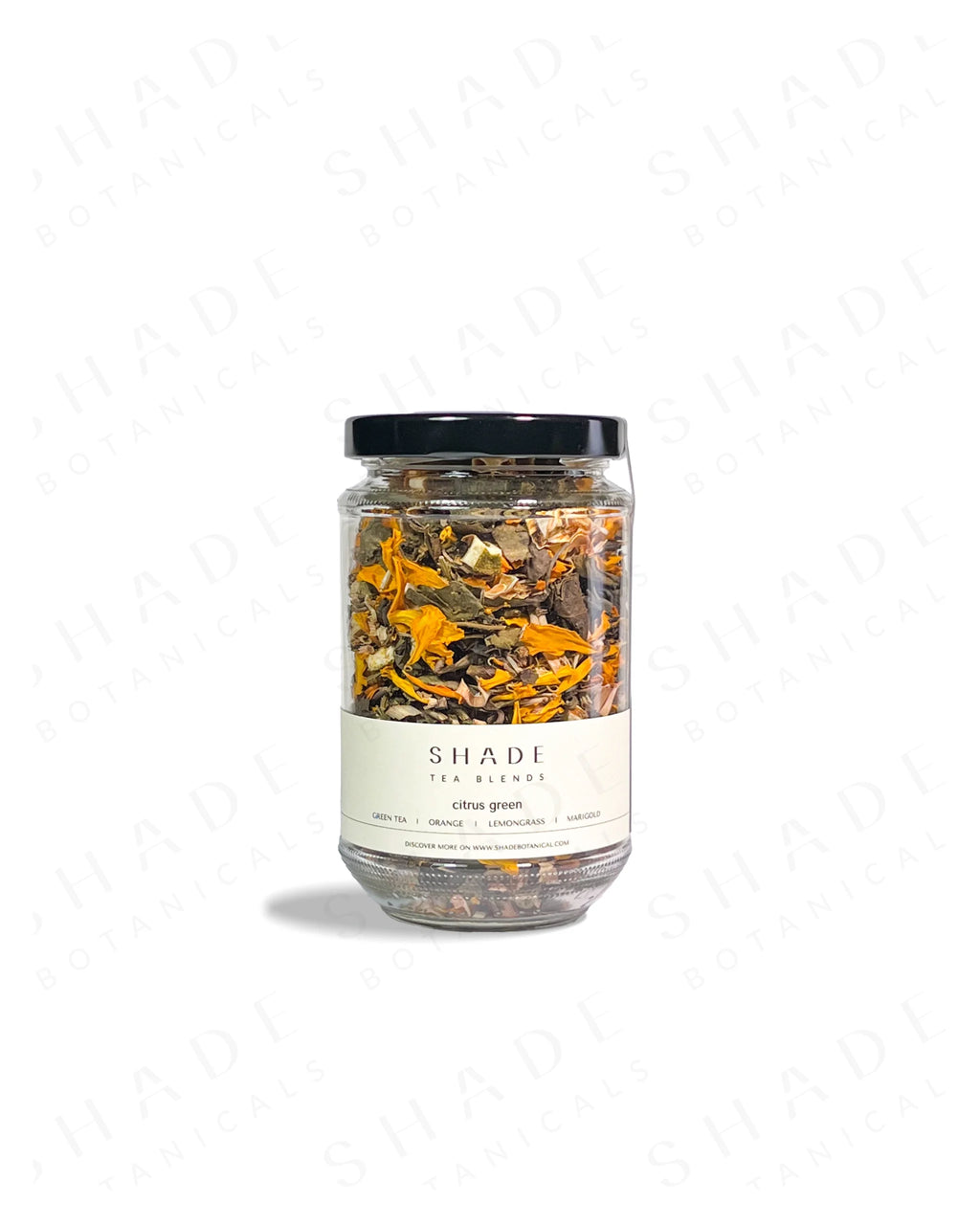 Shade Botanicals Citrus Green loose leaf tea in a 330 mL recycled glass jar front view