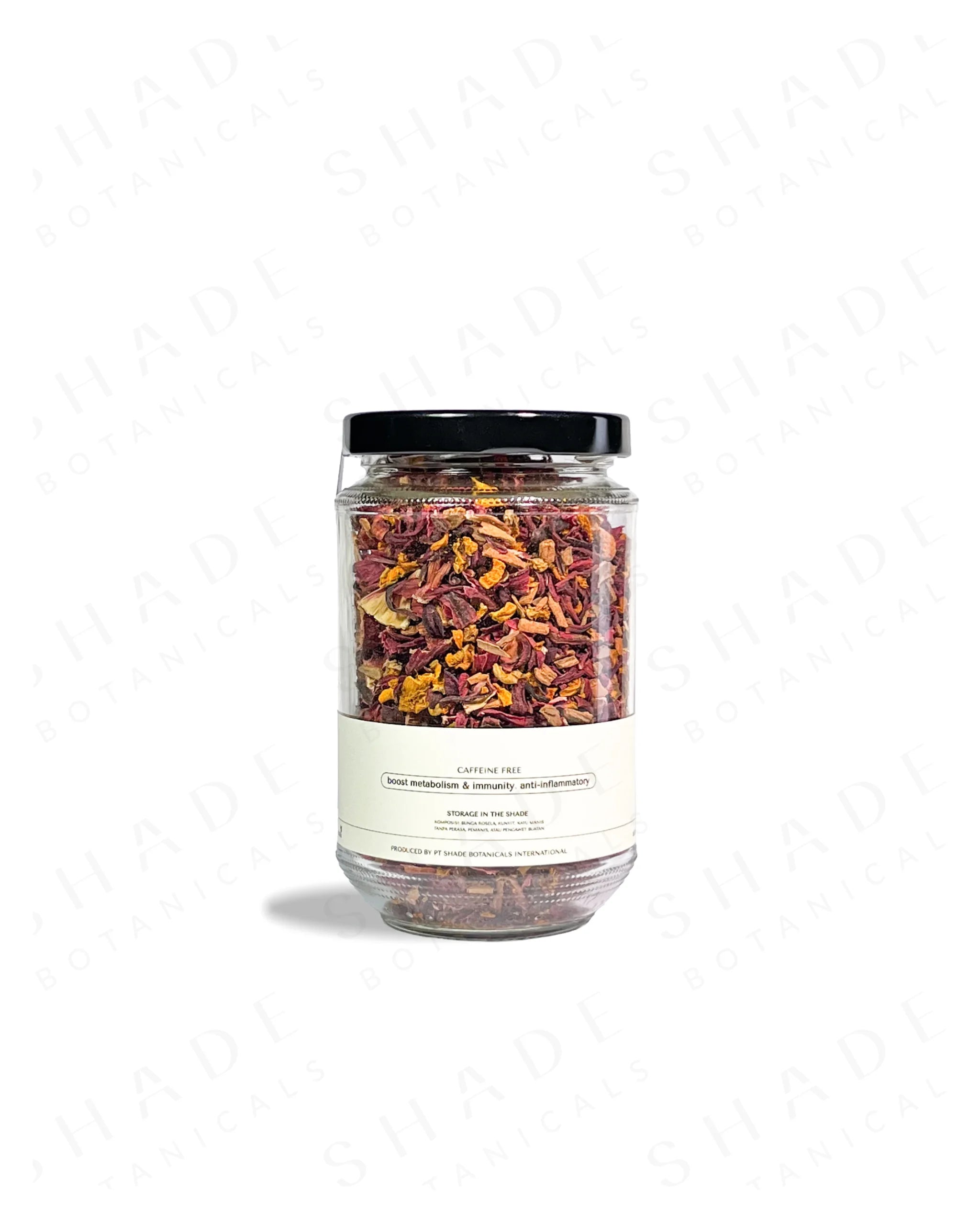 Shade Botanicals Golden Rosella loose leaf tea in a 330 mL recycled glass jar back view
