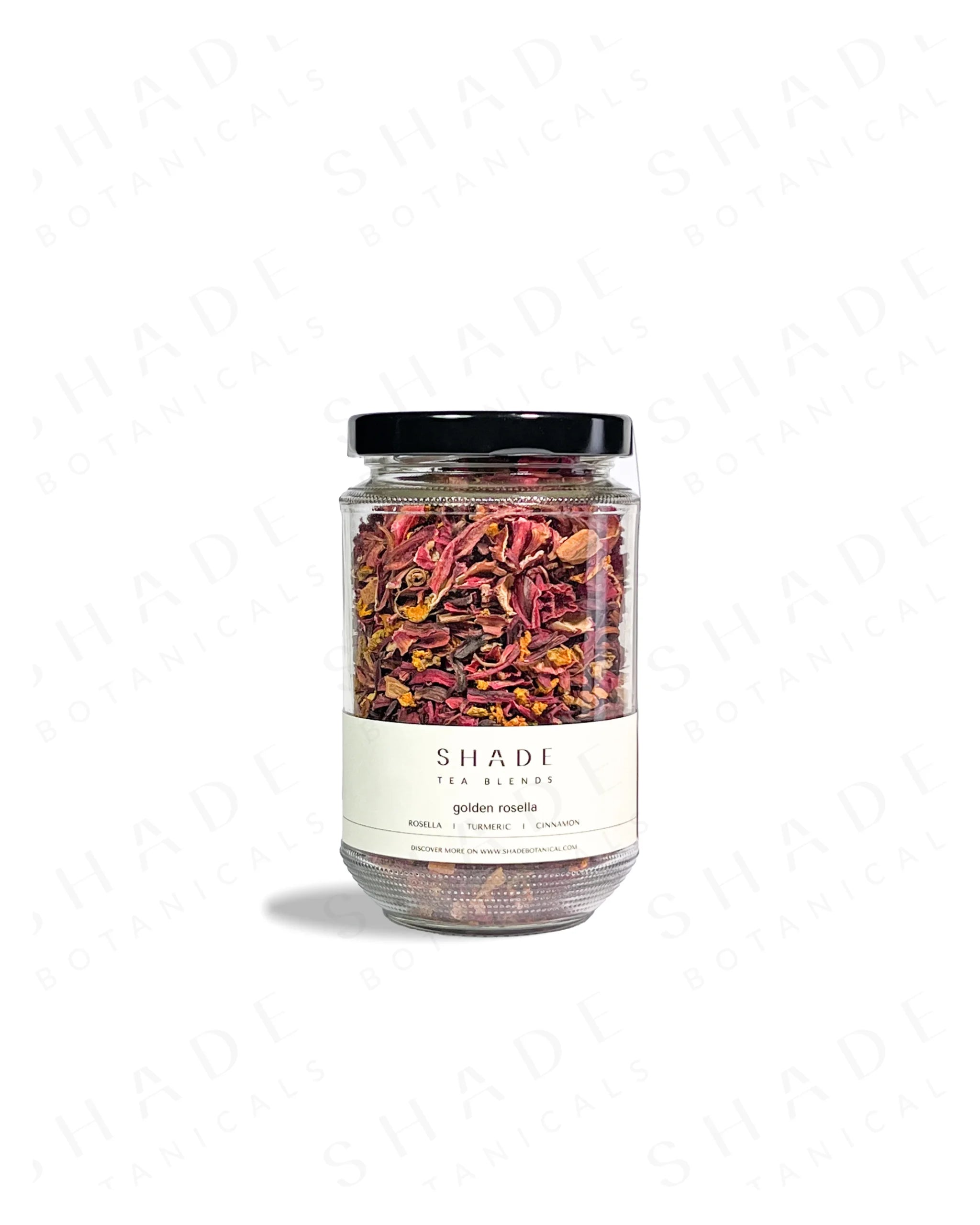 Shade Botanicals Golden Rosella loose leaf tea in a 330 mL recycled glass jar front view