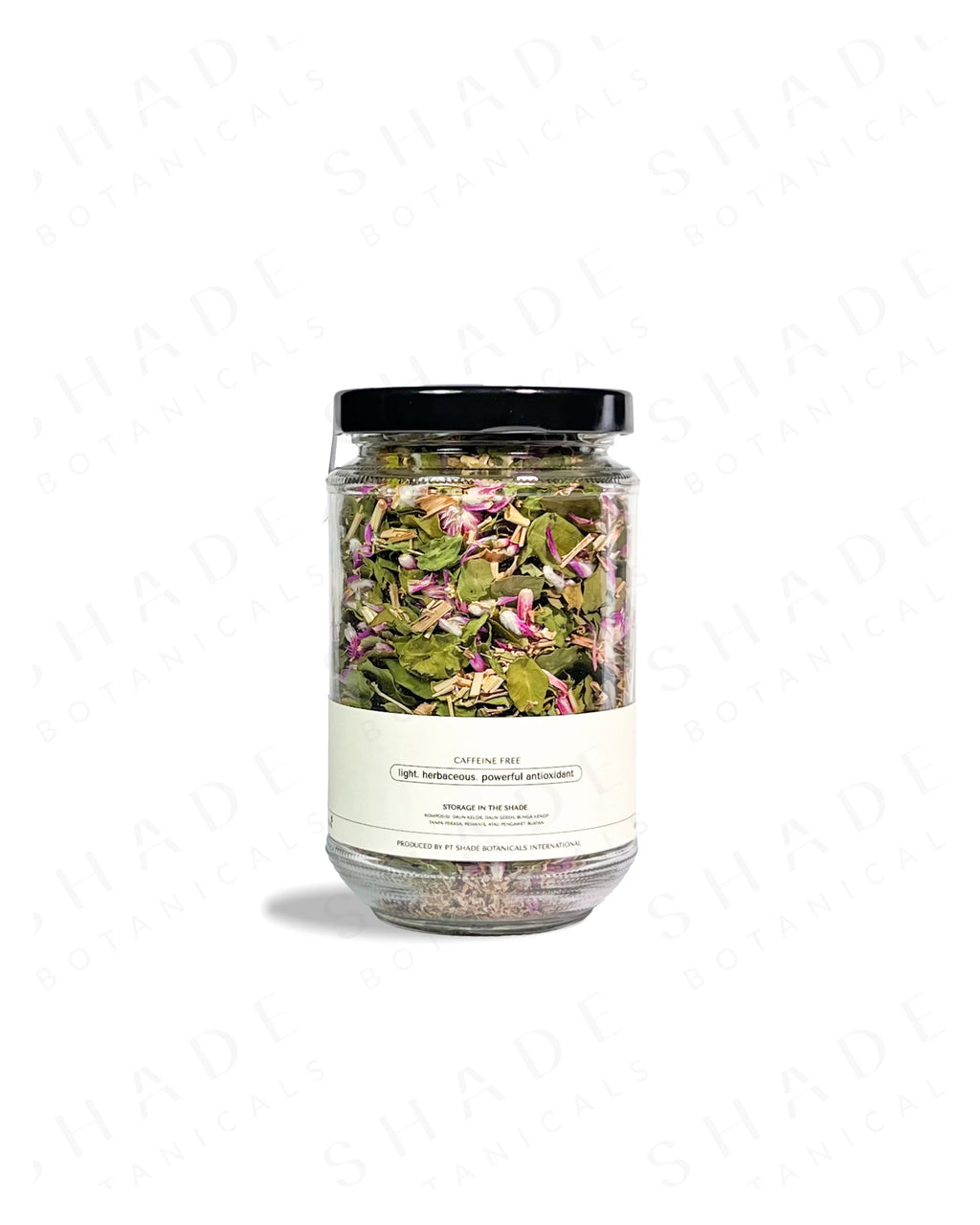 Shade Botanicals Moringa Melody loose leaf tea in a 330 mL recycled glass jar back view