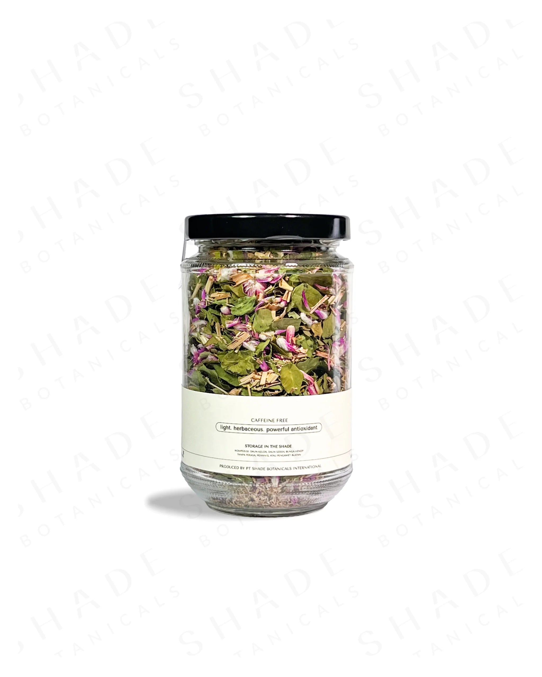 Shade Botanicals Moringa Melody loose leaf tea in a 330 mL recycled glass jar back view