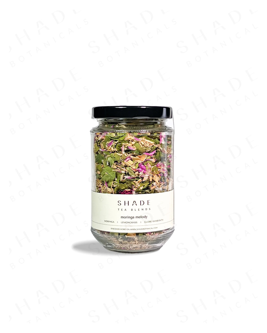 Shade Botanicals Moringa Melody loose leaf tea in a 330 mL recycled glass jar front view