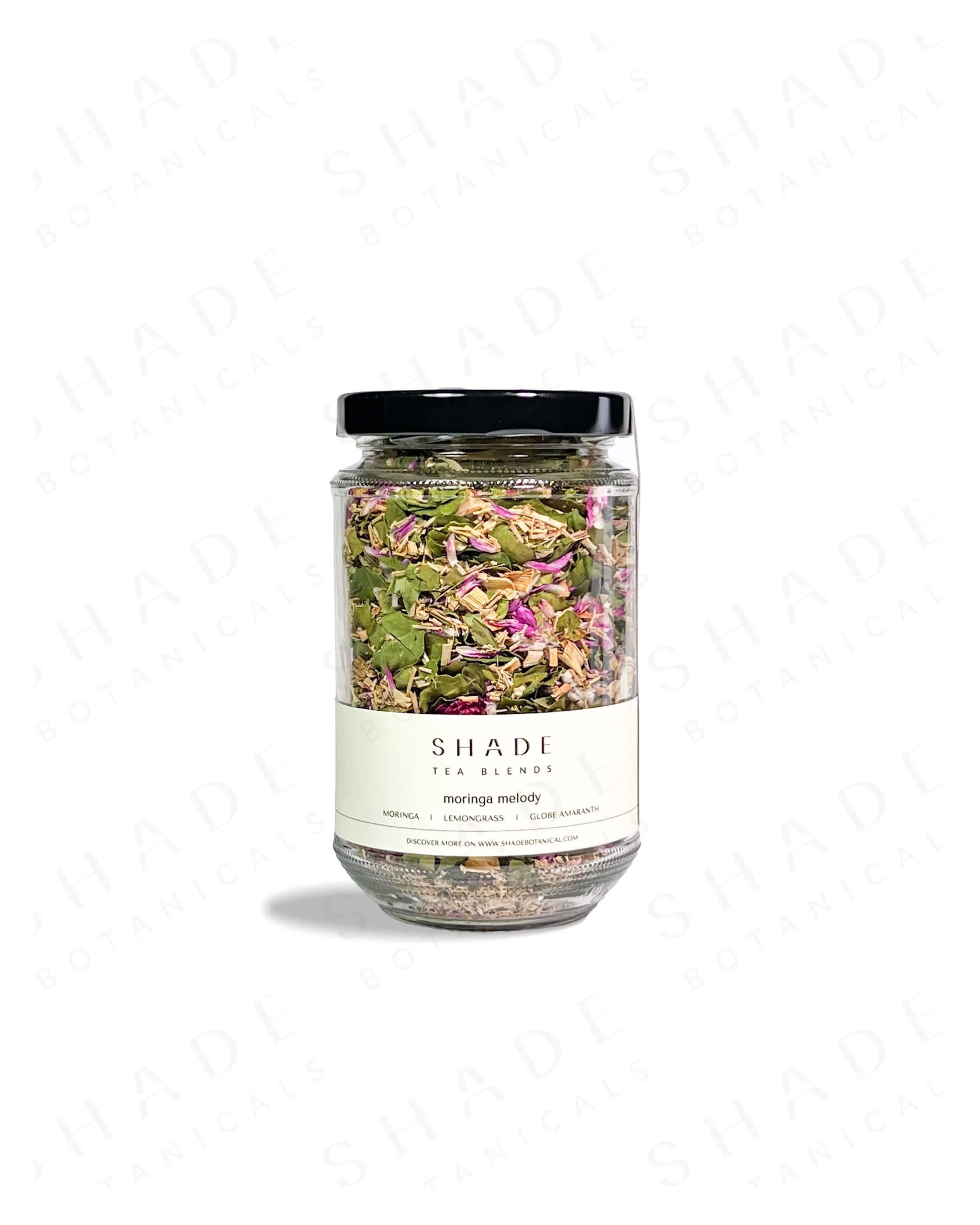 Shade Botanicals Moringa Melody loose leaf tea in a 330 mL recycled glass jar front view