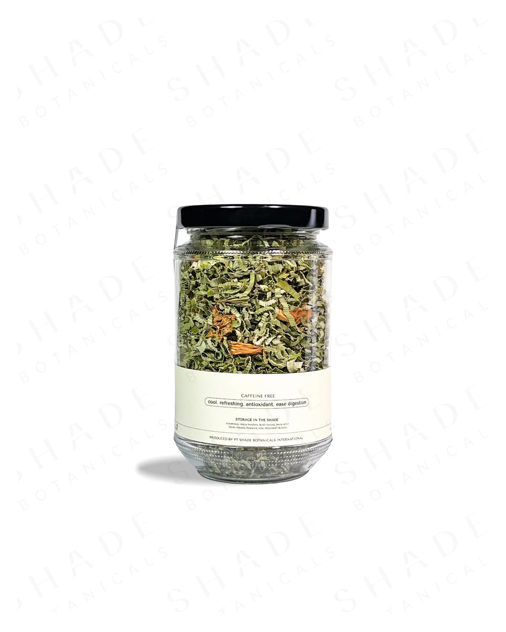 Shade Botanicals Pandan Panacea loose leaf tea in a 330 mL recycled glass jar back view