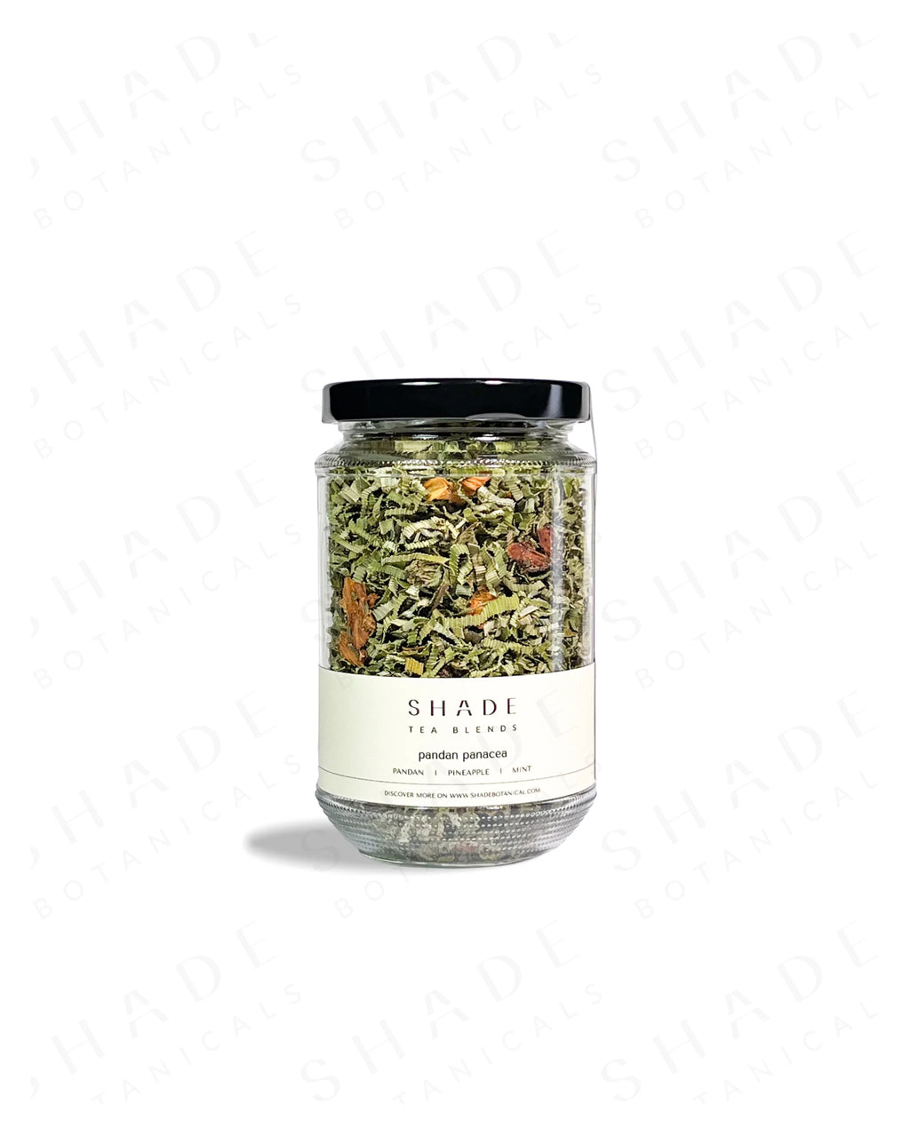 Shade Botanicals Pandan Panacea loose leaf tea in a 330 mL recycled glass jar front view