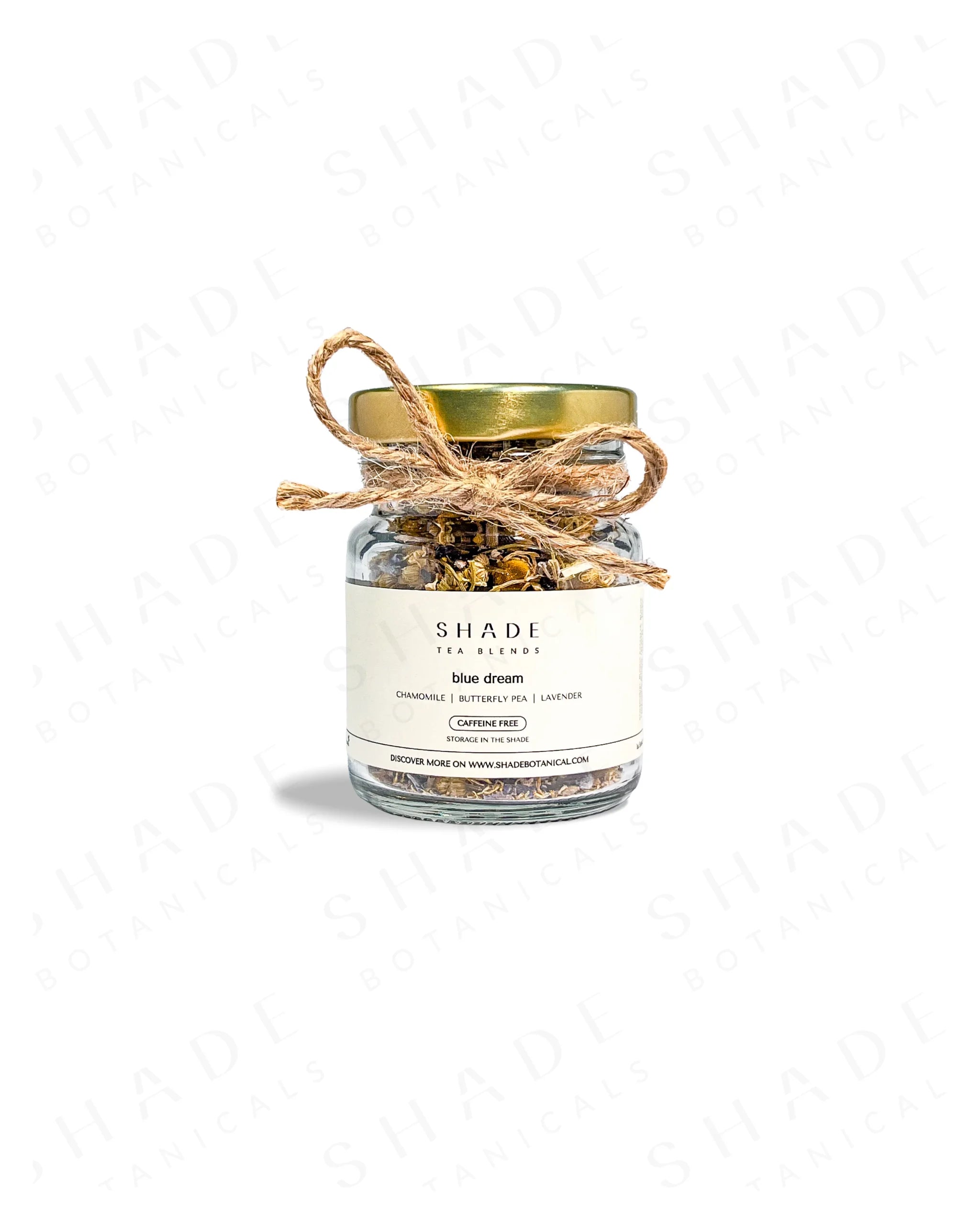 Shade Botanicals Blue Dream loose leaf tea in a 70 mL recycled glass jar front view