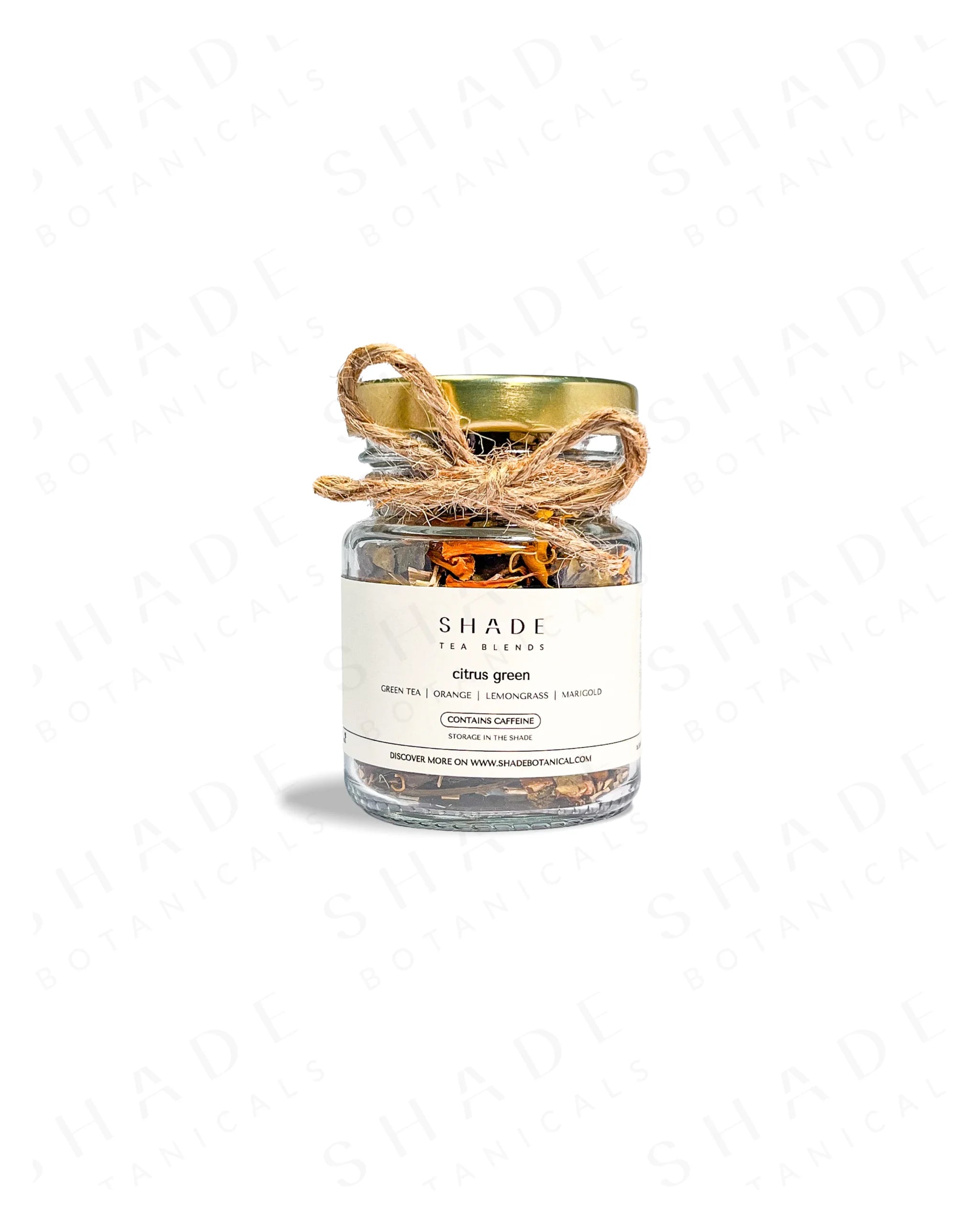 Shade Botanicals Citrus Green loose leaf tea in a 70 mL recycled glass jar front view