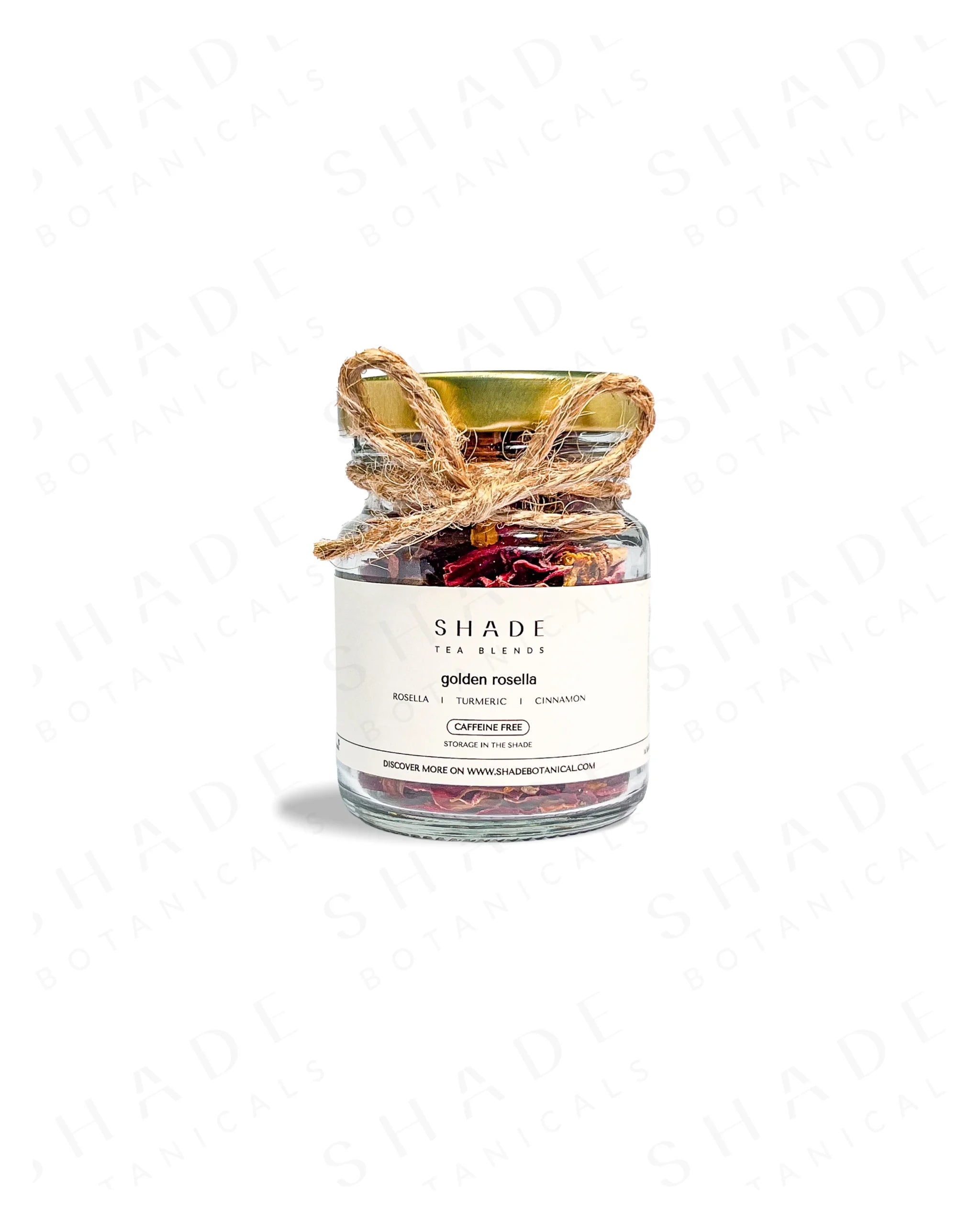 Shade Botanicals Golden Rosella loose leaf tea in a 70 mL recycled glass jar front view