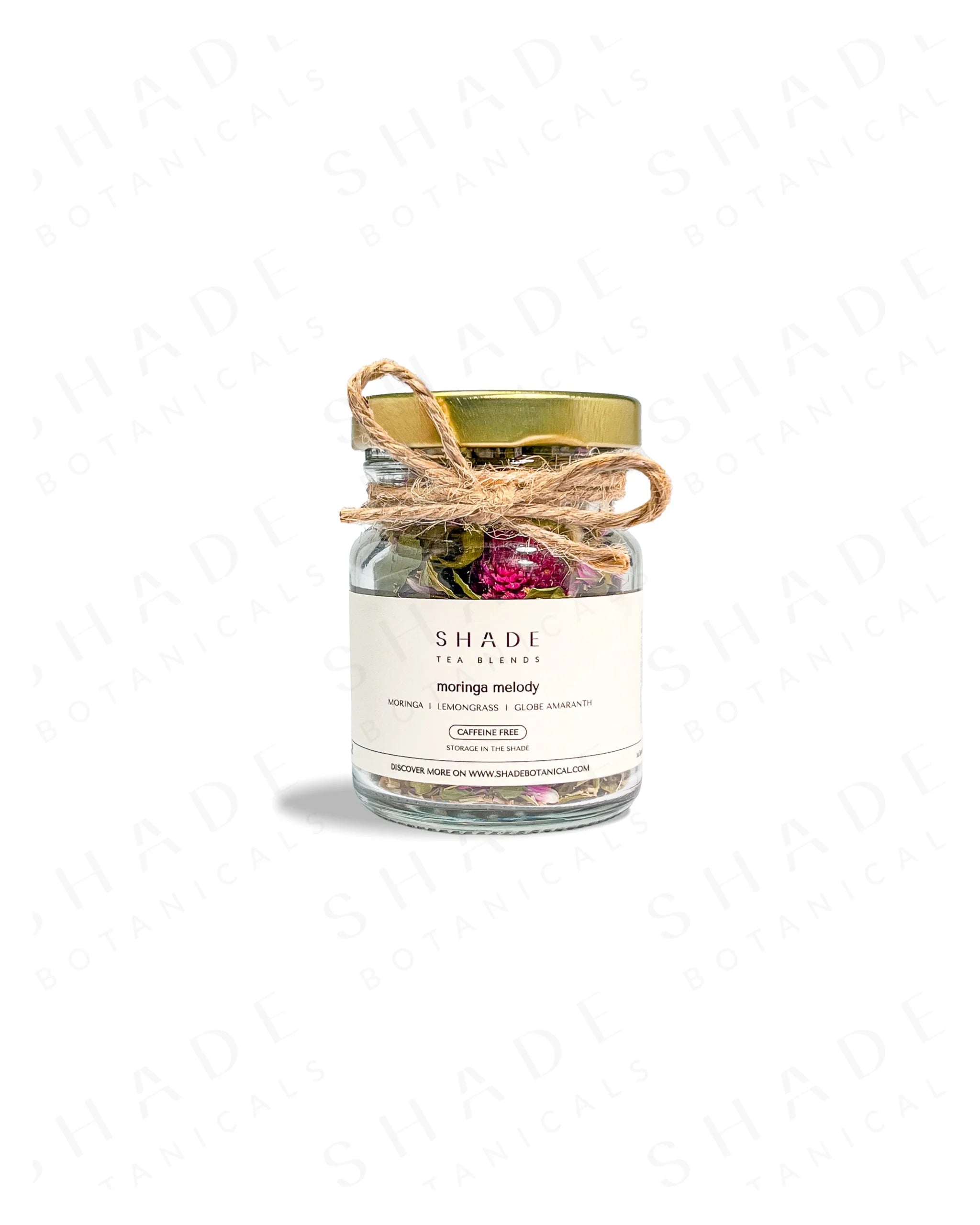 Shade Botanicals Moringa Melody loose leaf tea in a 70 mL recycled glass jar front view
