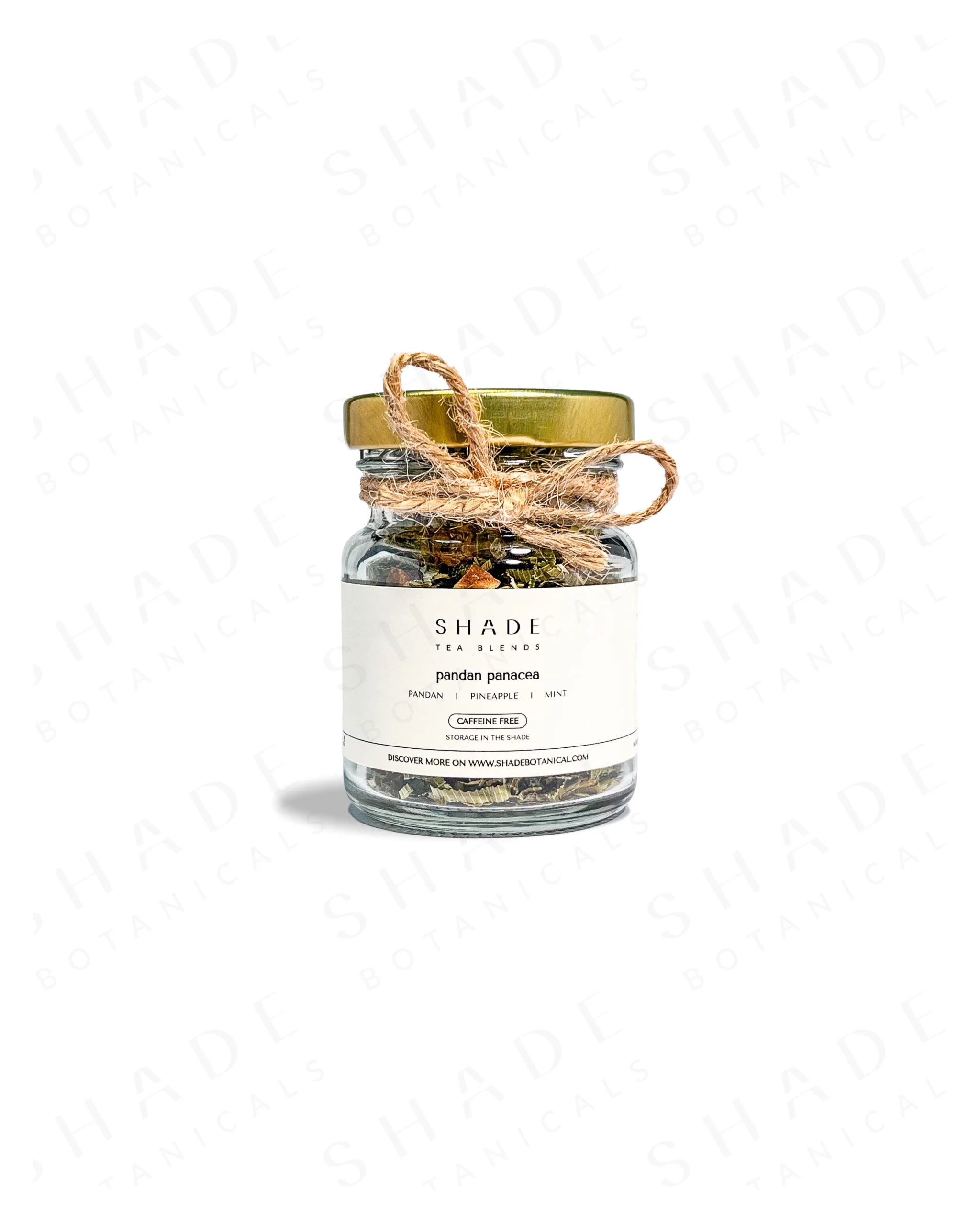 Shade Botanicals Pandan Panacea loose leaf tea in a 70 mL recycled glass jar front view