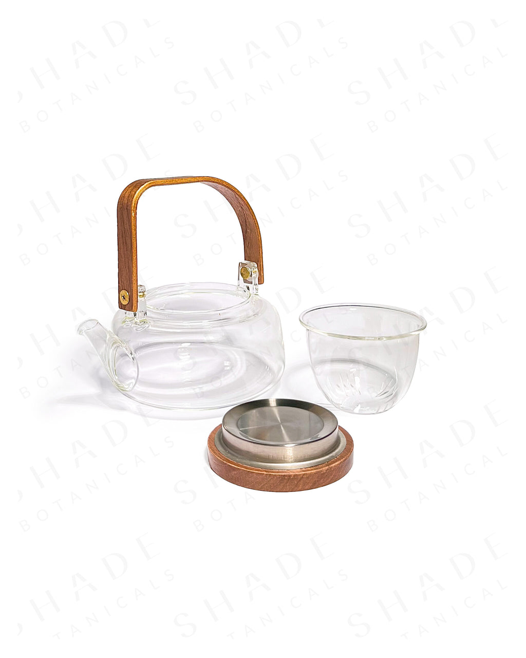 Shade Botanicals big tea pot front view with lid and parts opened