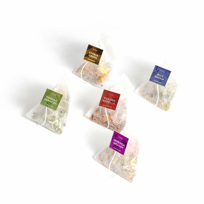 Five tea bags with Shade Botanicals Tea Blend label on a white background