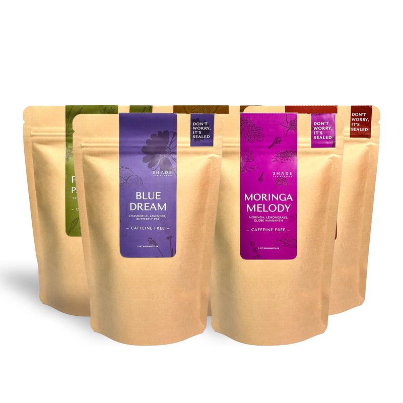 Row bags of Shade Botanicals Tea Blend on a white background