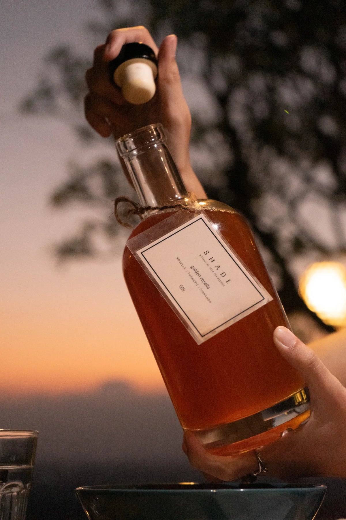 Bottle of Shade Botanicals Tea Blend being held with a scenic background
