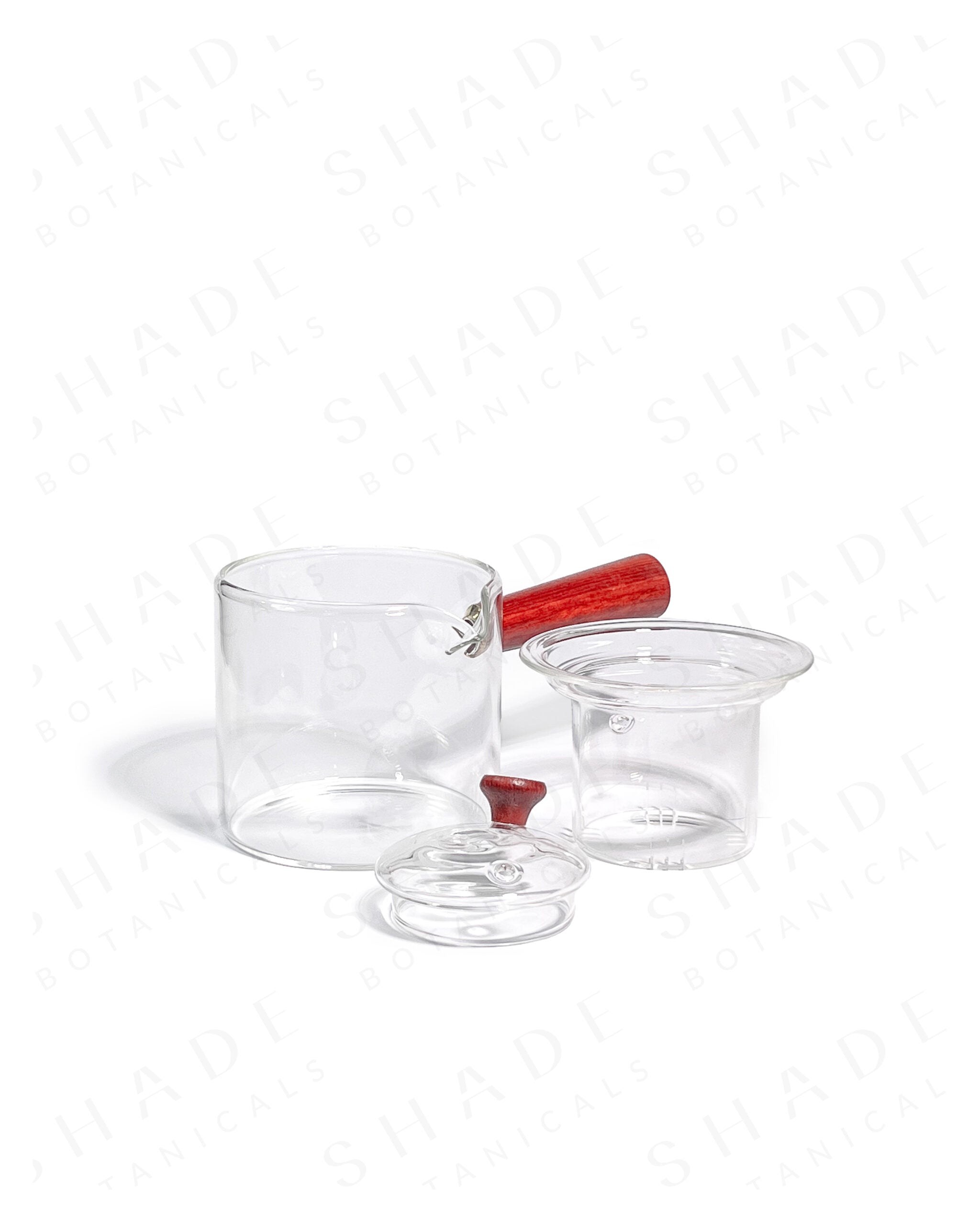 Shade Botanicals front handle teapot front view with lid and parts opened 