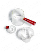 Shade Botanicals red handle serrated teapot top view with lid and parts opened