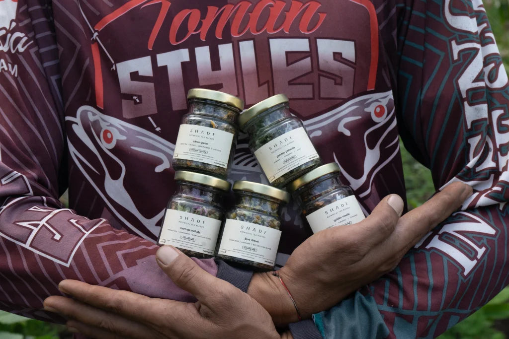Person holding jars of Shade Botanicals Tea Blend with a branded shirt in the background