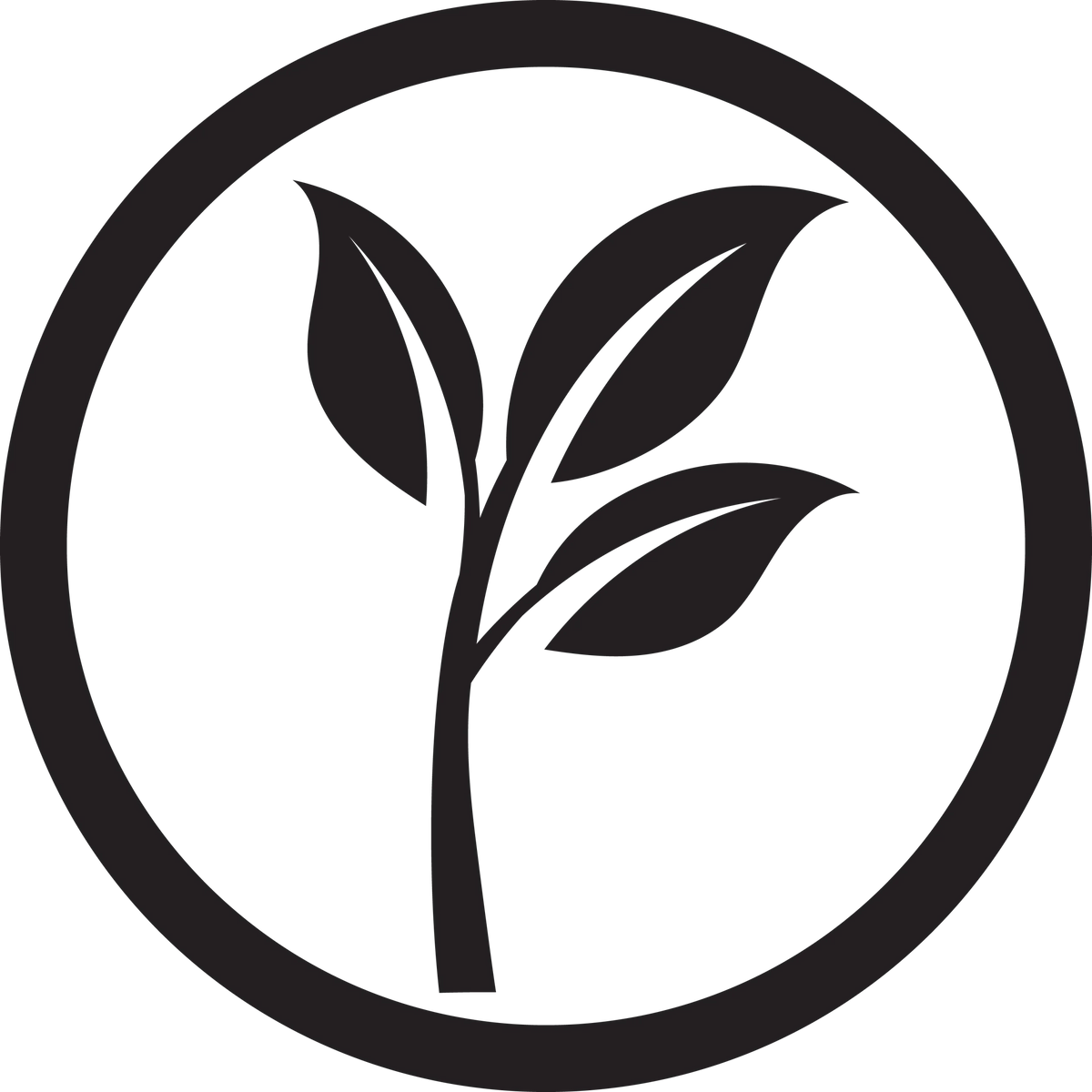 Black leaf symbol inside a circle on a white background