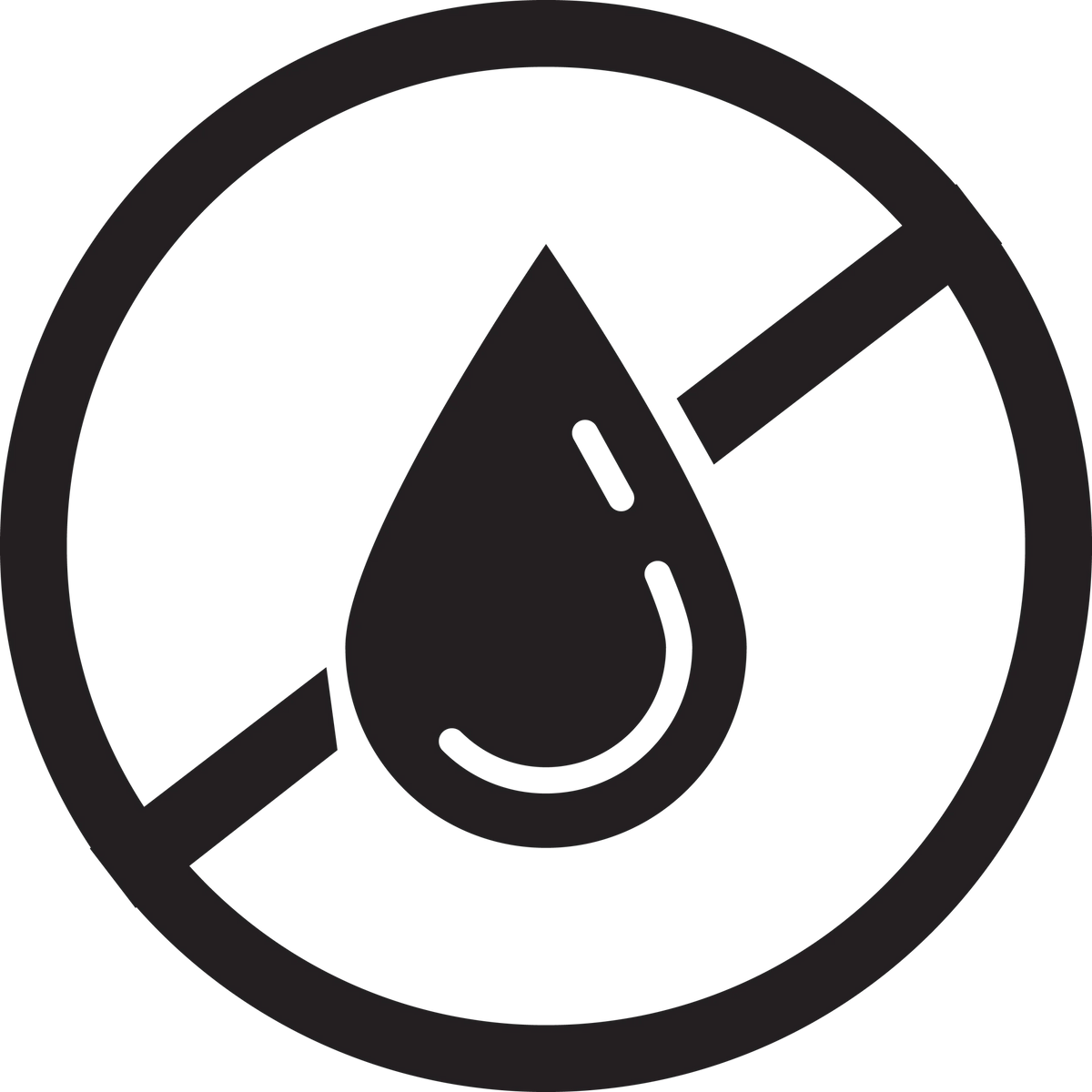 No water drop symbol with a black circle and line through it on a white background