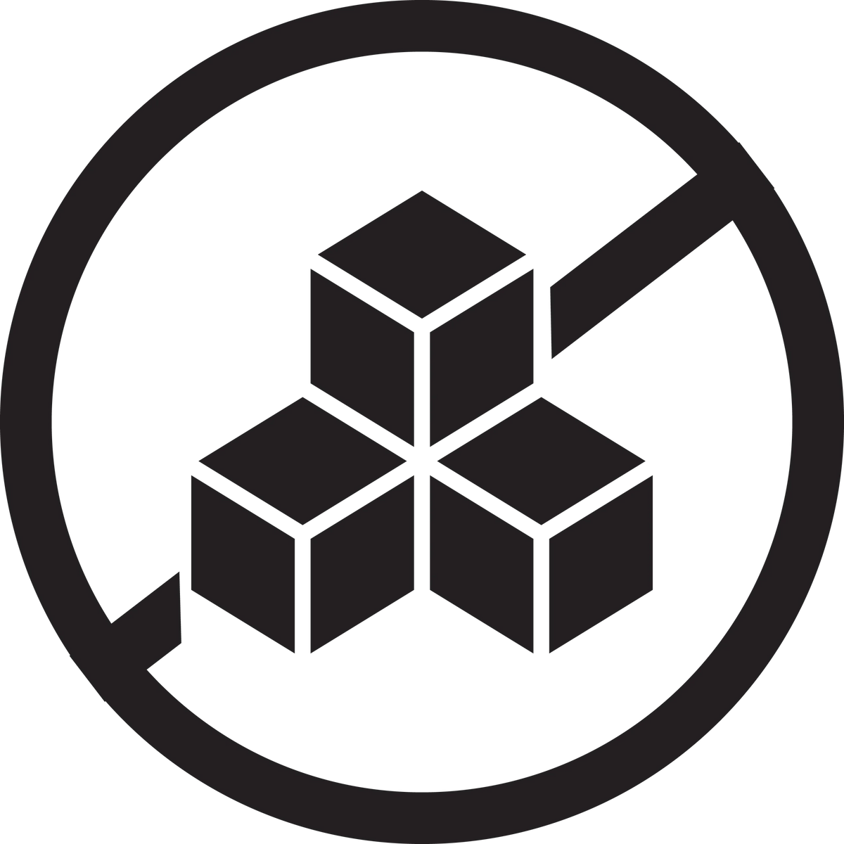 Black geometric logo with three cubes inside a circle on a white background