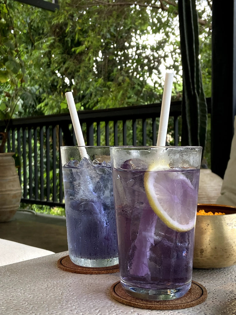 Two glasses of purple iced drinks with lemon slices and straws on a table outdoors