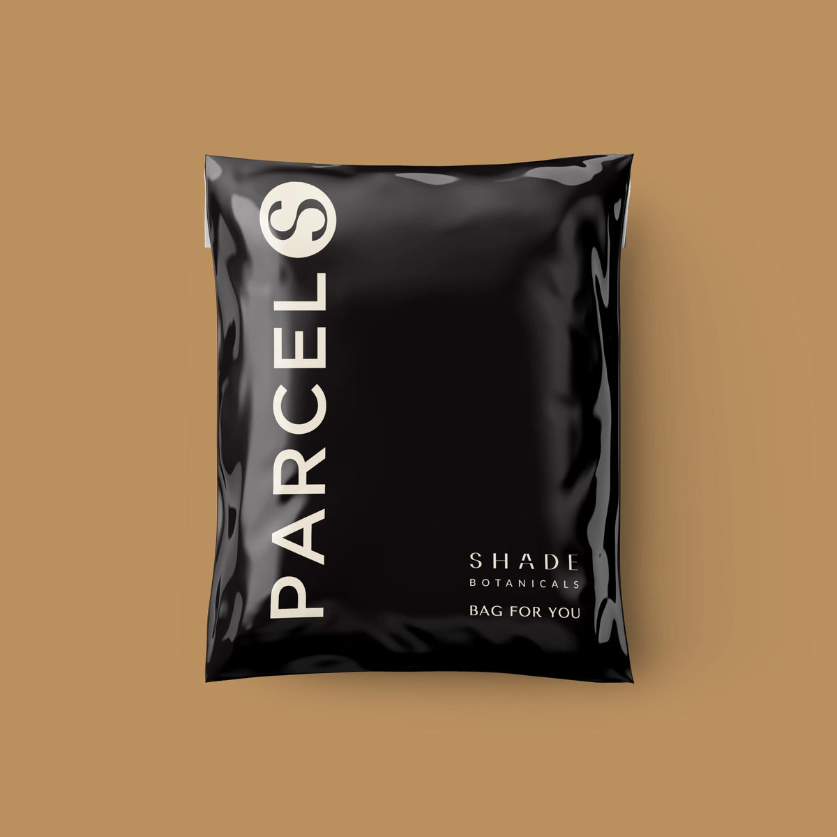 Black(Parcel) bag Shade Botanicals on a brown background