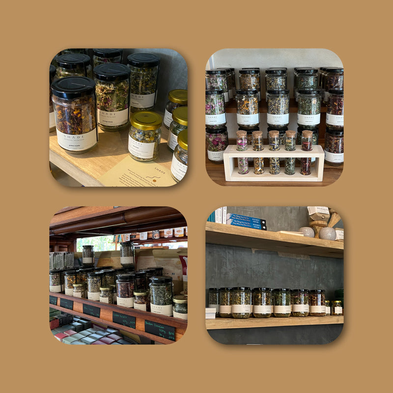 Collage of various jars of Shde Botanicals Tea Blend on a brown background