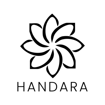Black floral logo with 'HANDARA' text on a white background