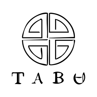 Black circular design with 'TABU' text on a white background