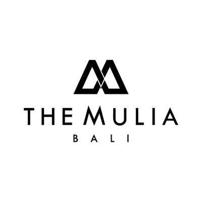 Black logo and text 'The Mulia Bali' on a white background