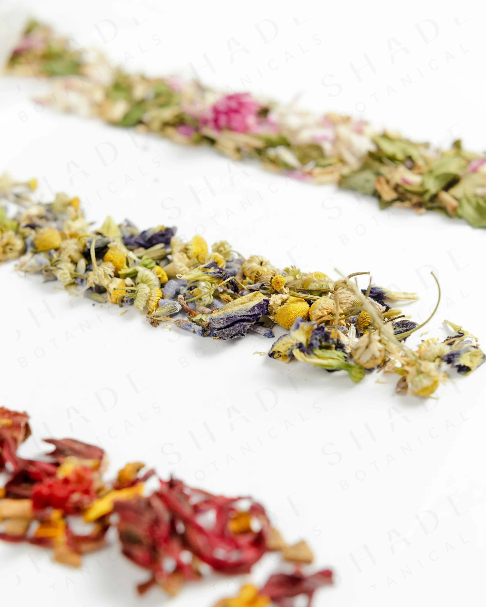 Shade Botanicals Blue Dream loose leaf tea arranged neatly on a white background