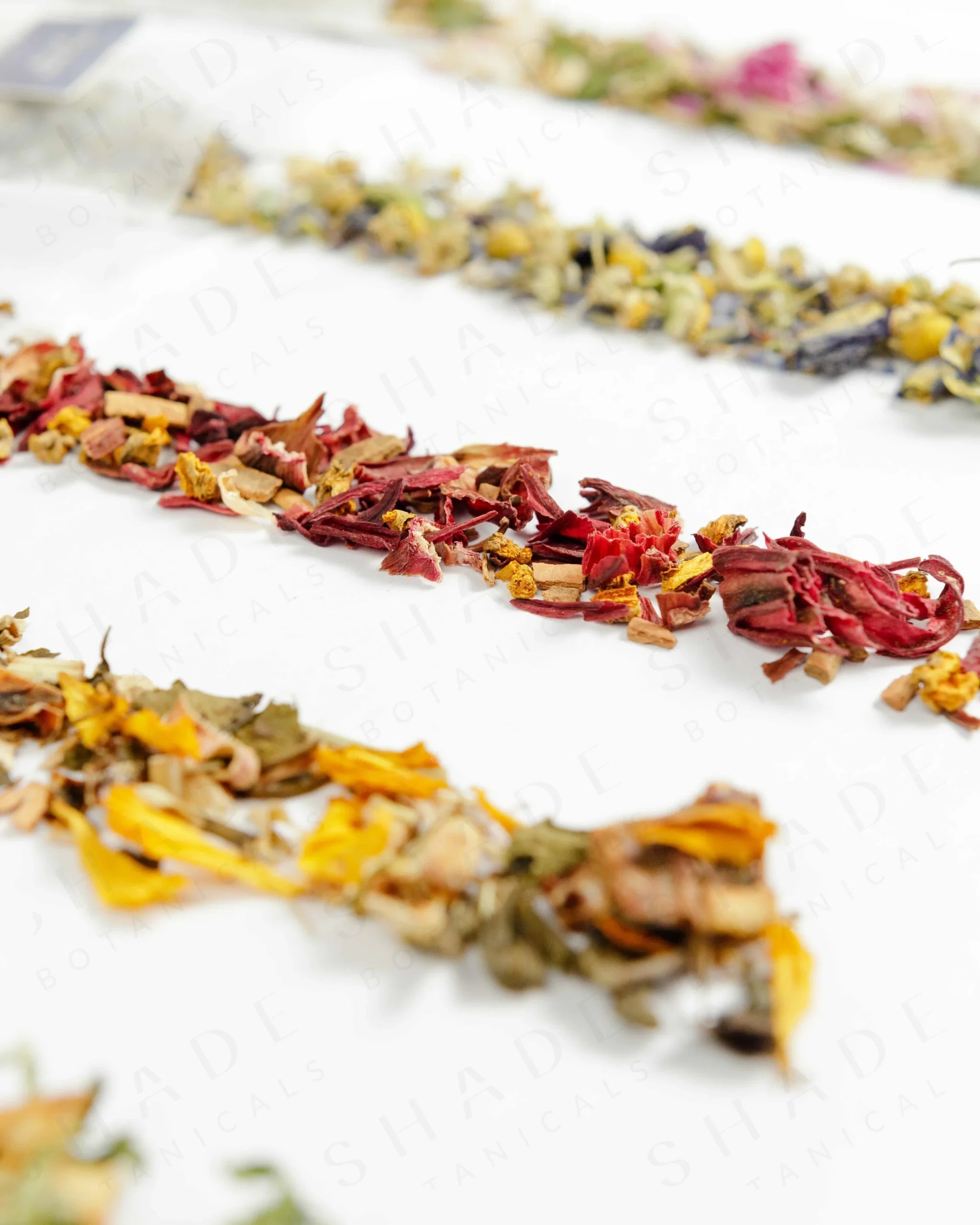 Shade Botanicals Golden Rosella loose leaf tea arranged neatly on a white background