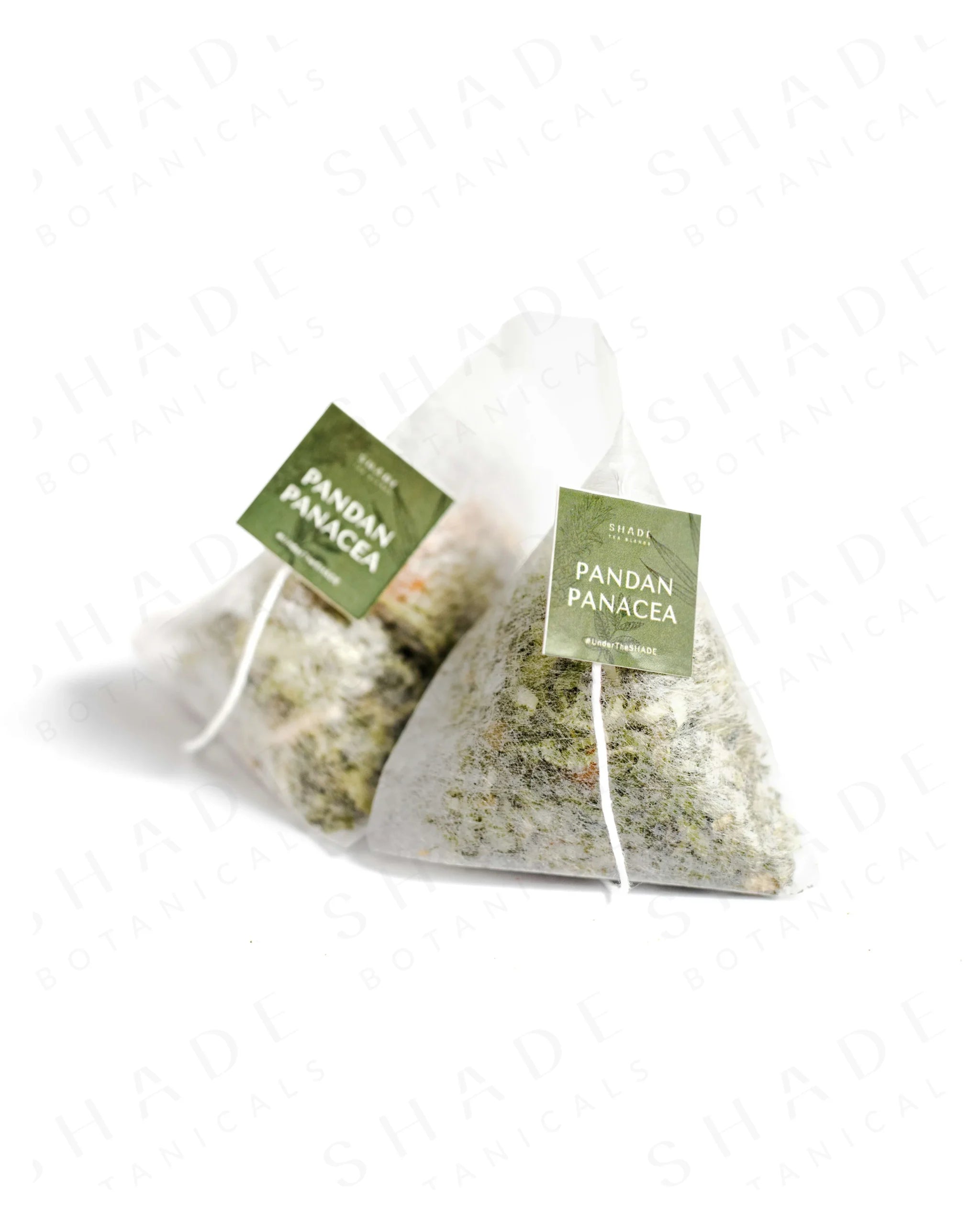 Shade Botanicals Pandan Panacea loose leaf tea inside a small tea pack