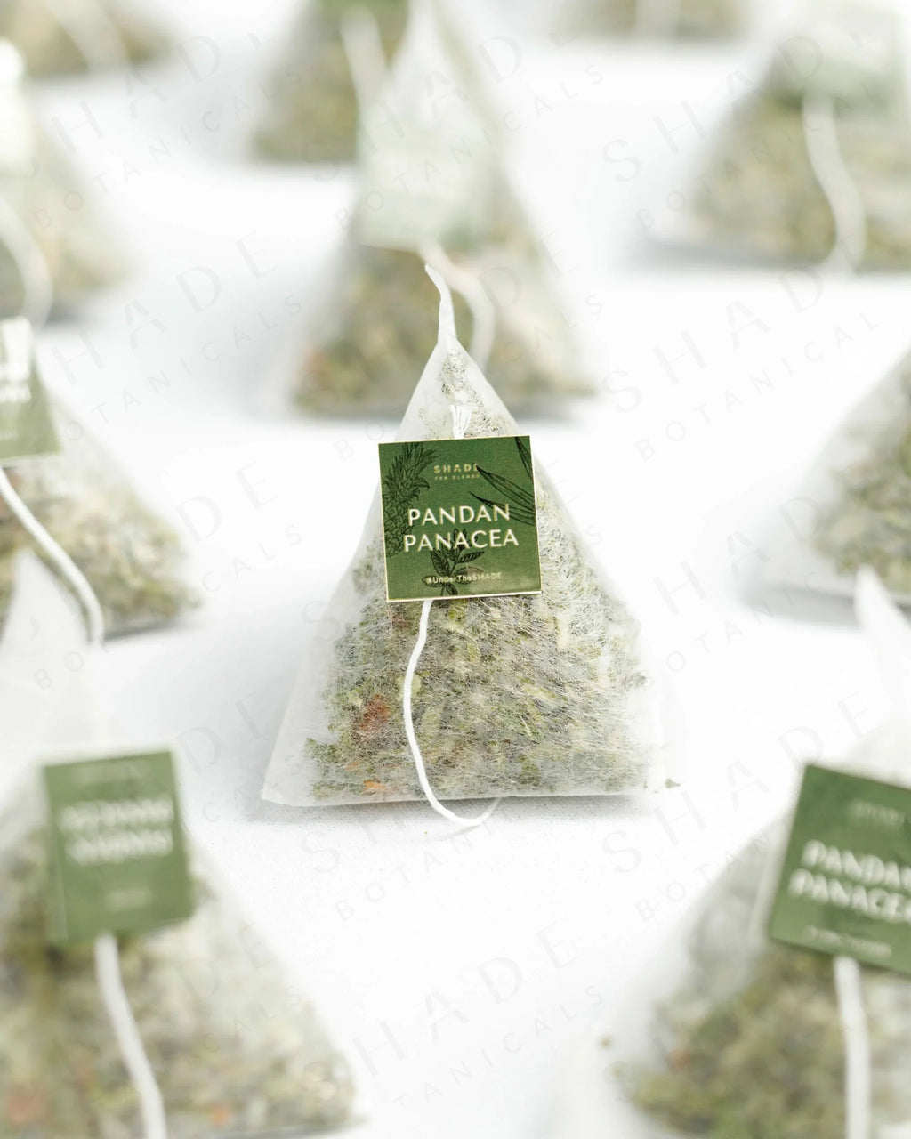 Shade Botanicals Pandan Panacea loose leaf tea inside a small tea pack