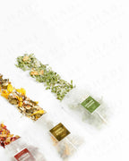 Top view of Shade Botanicals Pandan Panacea loose leaf tea arranged neatly on a white background