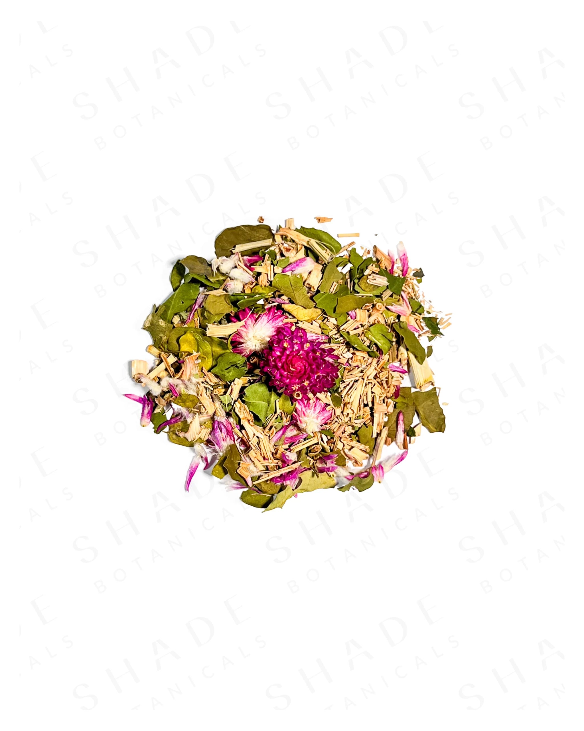 Herbal tea blend with pink flowers and green leaves on a white background