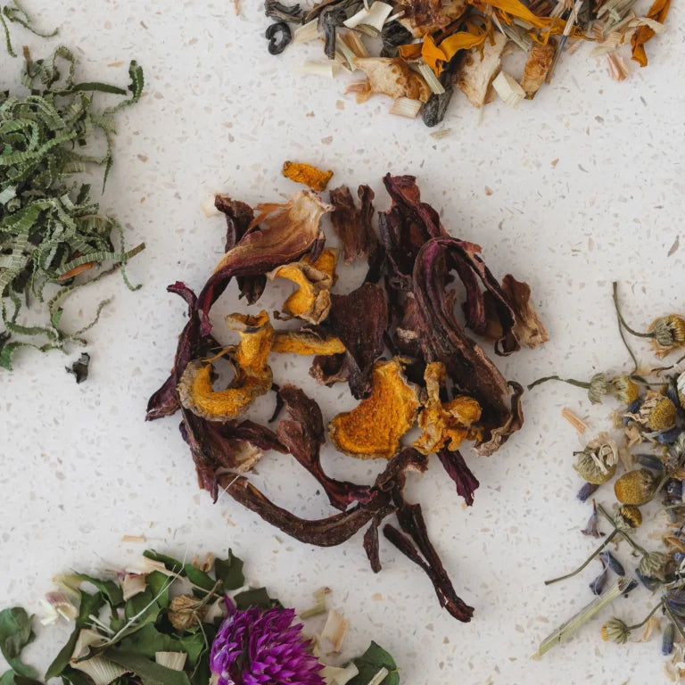 Assorted dried herbs and flowers on a white surface